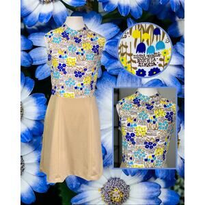 Vintage 70s Sears Jr. Bazaar Flower Power Graphic Flower Mini Dress Size 13